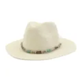 Chapeau de paille fedora été avec bande de perles large bord chapeau de plage anti-uv - Blanc Lait