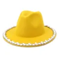 Yellow wool fedora hat for women with elegant pearl and rhinestone brim trim autumn fashion - 58cm / Yellow