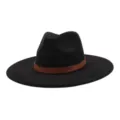 Black suede fedora hat with brown patterned leather band, stylish wide brim autumn headwear. - 58cm / Black