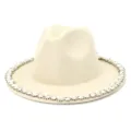 Detail view of the elegant women's felt fedora hat adorned with delicate pearls and crystals. - 58cm / Beige