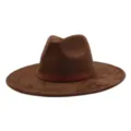 Brown suede fedora hat with patterned leather band, wide flat brim, stylish autumn wear. - 58cm / Coffee