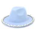 Close-up detail of light blue wool fedora hat featuring elegant pearl and rhinestone brim trim. - 58cm / Sky Blue