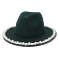 Dark green wool fedora hat with elegant pearl and rhinestone trim for women autumn winter fashion. - 58cm / Dark Green