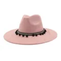 Pink suede fedora hat for women men wide brim boho jazz hat with black pom pom band. - Dusty Pink