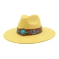 Sombrero de fieltro amarillo Fedora banda cuero marrón hebilla turquesa ala ancha jazz - Amarillo tierno