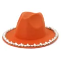 Women orange wool fedora hat with elegant pearl crystal brim trim autumn winter fashion - 58cm / Orange
