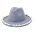Grey felt fedora hat for women, elegant pearl and rhinestone brim decoration for autumn winter. - 58cm / Light Gray
