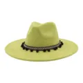 Green suede fedora hat with pom-poms and ethnic band, stylish wide brim jazz hat detail. - Avocado Green