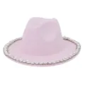 Pink woolen fedora hat for women, featuring elegant pearl and rhinestone brim trim details. - 58cm / Pink