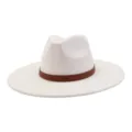 White wide-brim fedora hat detail, featuring a stylish brown patterned leather band accent. - 58cm / Cream