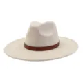 Suede fedora hat detail view, flat brim jazz hat closeup showing textured suede and leather band. - 58cm / Beige