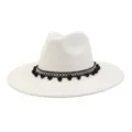 White wide brim fedoras jazz hat with black boho woven band and pom poms detail for women men. - Cream