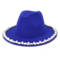 Blue wool fedora hat for women, elegant pearl and rhinestone brim decoration for winter fashion. - 58cm / Sapphire Blue