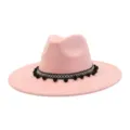 Pink suede fedora hat with ethnic woven band and black pom poms for women and men fashion. - Dusky Pink