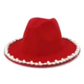 Exquisite pearl rhinestone brim detail of the elegant red wool felt jazz hat, autumn winter style - 58cm / Red