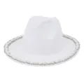 Elegant white wool felt fedora hat featuring a stunning pearl and crystal brim trim detail. - 58cm / White