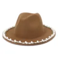 Detailed view of the elegant brown wool fedora hat featuring exquisite pearl and crystal brim trim. - 58cm / Khaki
