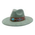Sombrero Fedora Jazz Ala Ancha Ante Unisex Otoño Invierno Estilo Étnico De Lana - Verde Pepinillo