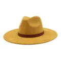 Fall winter yellow suede fedora hat with brown leather band western jazz cap for men women. - 58cm / Turmeric