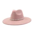 Pink suede fedora hat with pearl rhinestone band, elegant wide brim fashion headwear for women. - M (56-58cm) / Pink