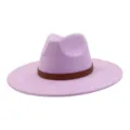 Close-up of the stylish purple fedora hat featuring a brown patterned leather belt design. - 58cm / Lavender