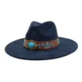 Autumn winter blue suede fedora hat with bohemian embroidery and vintage turquoise buckle. - Navy Blue