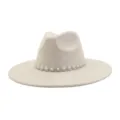 Elegant beige suede fedora hat for women and men, featuring a stunning pearl and rhinestone band. - M (56-58cm) / Beige