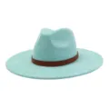 Light blue suede fedora hat with brown leather band, wide brim jazz hat for autumn winter. - 58cm / Mint Green