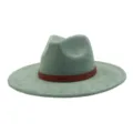 Sage green suede fedora hat detail, wide brim jazz cap with ethnic brown leather band design. - 58cm / Pickle Green