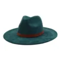 Detailed close-up shot of the dark green wide brim fedora hat showing the textured leather band. - 58cm / Dark Green
