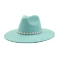 Teal suede fedora hat with pearl rhinestone flower band, elegant wide brim couple hat. - M (56-58cm) / Mint Green
