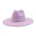 Purple felt fedora hat for women and men wide brim jazz cap with elegant pearl rhinestone band - M (56-58cm) / Light Purple