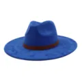 Close-up of the blue soft suede fedora hat showing its wide flat brim and ethnic patterned band. - 58cm / Sapphire Blue