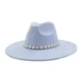 Light blue suede fedora hat wide brim couple hat with pearl rhinestone flower chain detail - M (56-58cm) / Sky Blue