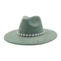 Sage Green Suede Fedora Hat with Pearl Rhinestone Flower Band Elegant Wide Brim Hat - M (56-58cm) / Pickle Green