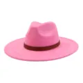 Pink wide-brim fedora hat detail, soft suede-like texture with bohemian pattern leather band. - 58cm / Barbie Pink