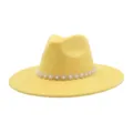 Yellow fedora hat detail featuring sparkling rhinestone pearl flower band decoration close up view. - M (56-58cm) / Yellow