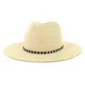 Chapeau fedora en paille beige avec bande cloutée noire, chapeau de plage anti-soleil élégant. - Réglable / Beige