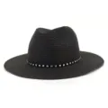 Chapeau de paille Fedora noir avec clous, chapeau de soleil de plage élégant femme - Réglable / Noir