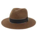 Détail de chapeau fedora en paille marron, chapeau de plage élégant avec ruban noir. - Réglable / Café