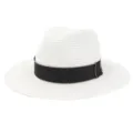 Gros plan sur le chapeau fedora en paille blanche avec ruban noir, chapeau de plage d'ete - Réglable / Blanc