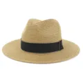 Vue détaillée du chapeau de paille beige élégant doté d'un ruban noir chic et raffiné. - Réglable / Kaki