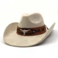 Classic beige suede western cowboy hat with brown leather band and silver longhorn skull detail. - M (56-58cm) / Beige