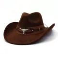 Classic brown suede cowboy hat with stylish leather band and silver bull skull metal accent. - M (56-58cm) / Coffee
