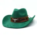 Detail view of green faux suede western cowboy hat with brown leather band and bull metal. - M (56-58cm) / Green