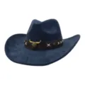 Dark blue suede cowboy hat with vintage bull skull, brown leather band, and stylish white stitching. - One Size 57-58cm / Navy Blue