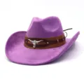 Stylish purple western cowboy hat for men and women, wide brim with leather belt and bull decor. - M (56-58cm) / Medium Purple
