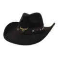 Black suede cowboy hat with brown bull skull leather band, vintage western festival jazz cap - One Size 57-58cm / Black