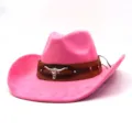 Close-up detail of pink suede western cowboy hat with brown leather band and bull skull. - M (56-58cm) / Barbie Pink