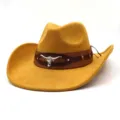 Classic suede western cowboy hat with leather band and metal bull skull decor, detail view. - M (56-58cm) / Turmeric